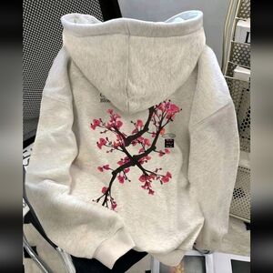Women's Light Grey Pullover Hoodie with Cherry Blossom Graphic - Size L